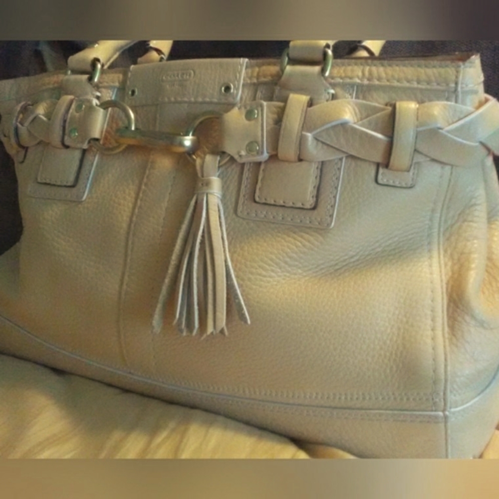 Coach Beige Leather Shoulder Bag with Tassel - Picture 6 of 15